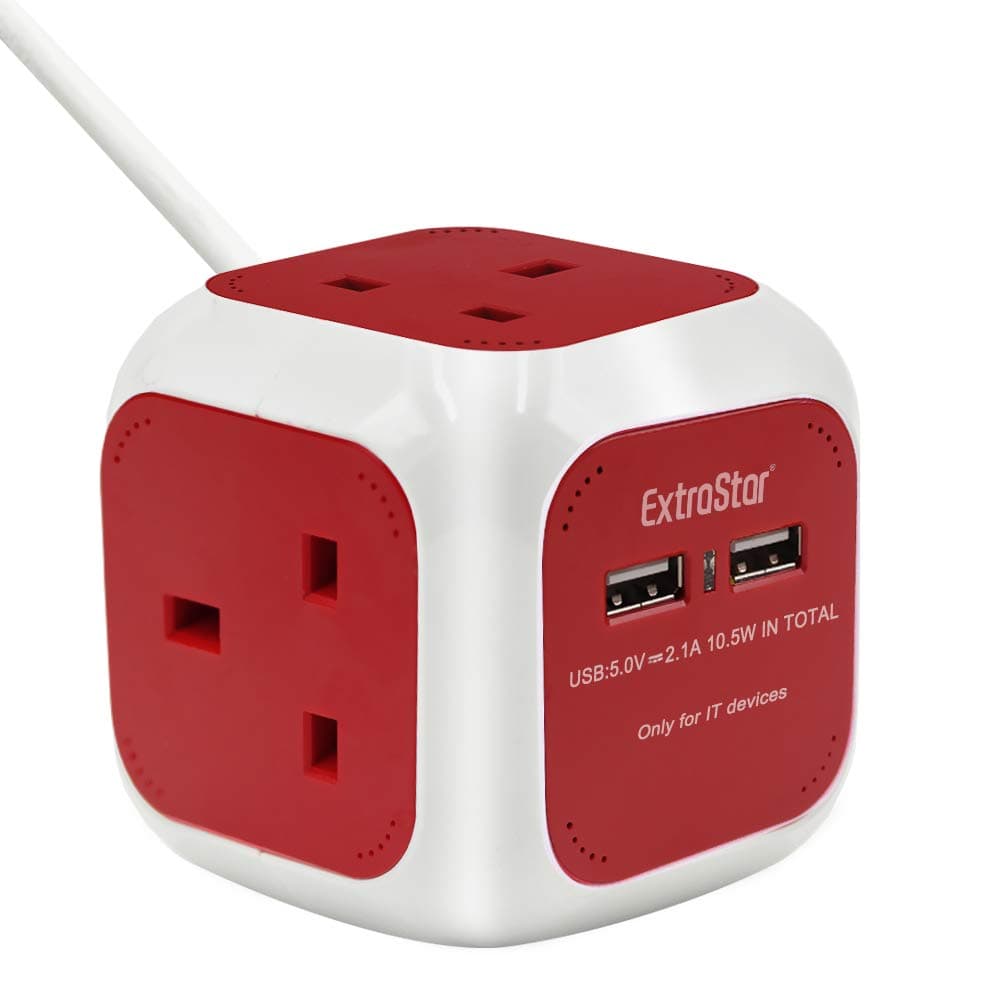 ExtraStar Power Cube 4 Way Extended Lead with 2 USB Slots (5V/2.1A) Power Strip 1.5 Metre Cable Power Socket UK Plug for Home, Office, Travel and More - Red + White