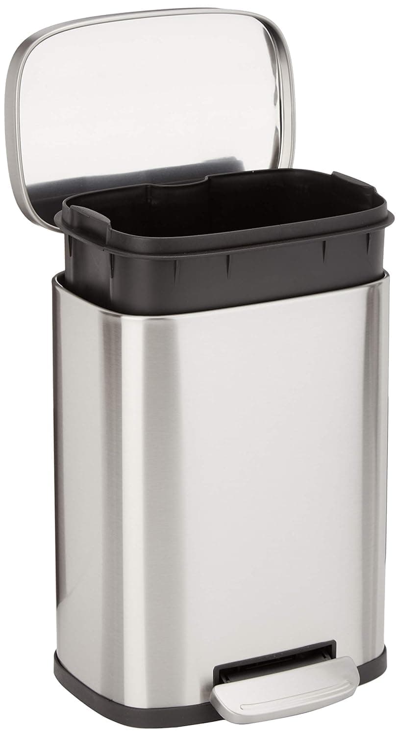 Amazon Basics Smudge Resistant Rectangular Trash Can with Soft-Close Lid, Foot Pedal, Removable Inner Bucket, 5L/1.32 Gal, Brushed Stainless Steel, for Bathroom & Small Space, Satin Nickel Finish