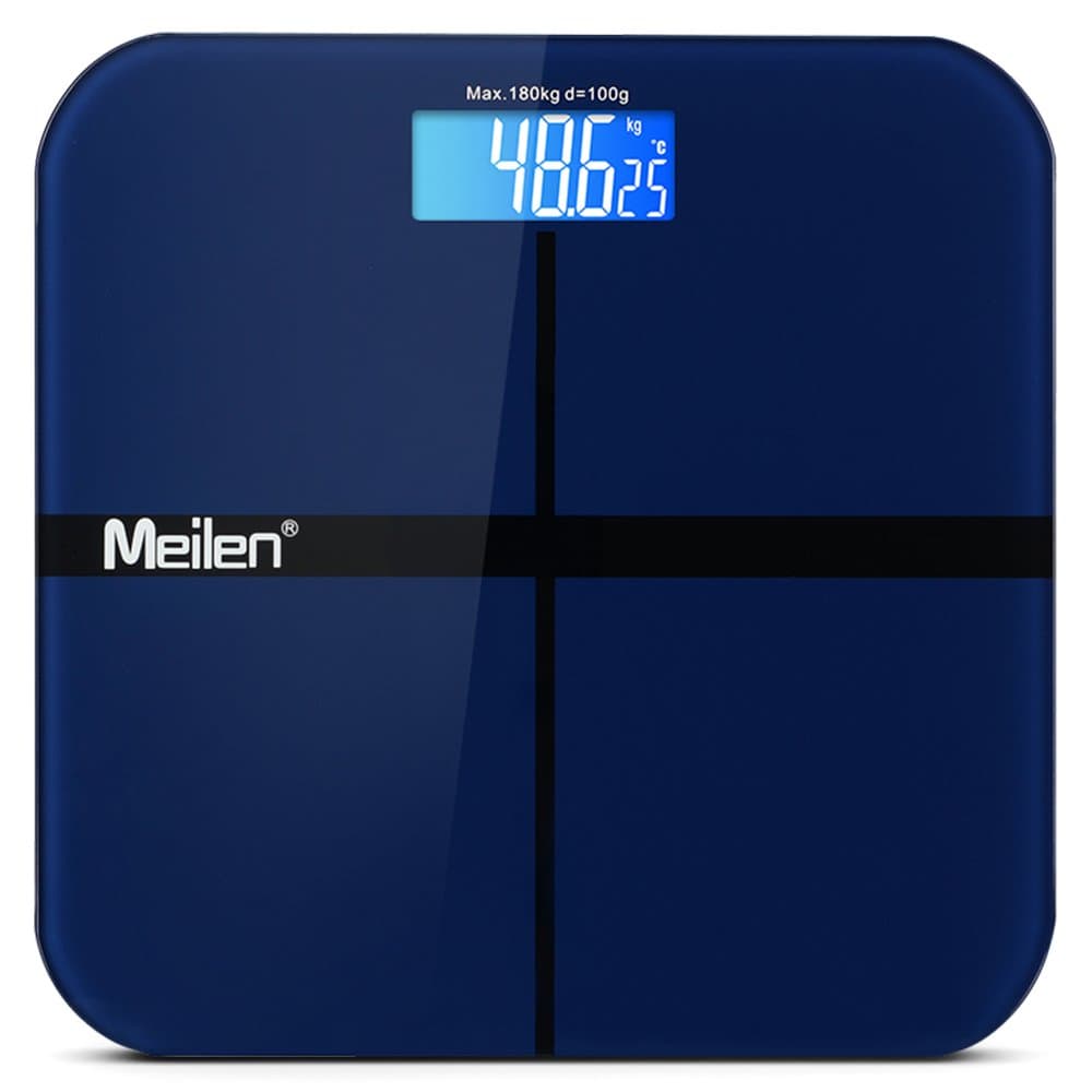 Digital Bathroom Scale w/Step-On Techonology Precision Measures Weight and Room Temperature,Large Backlit LCD and Round Edge Tempered Glass Platform, 400lb/180kg (Blue)