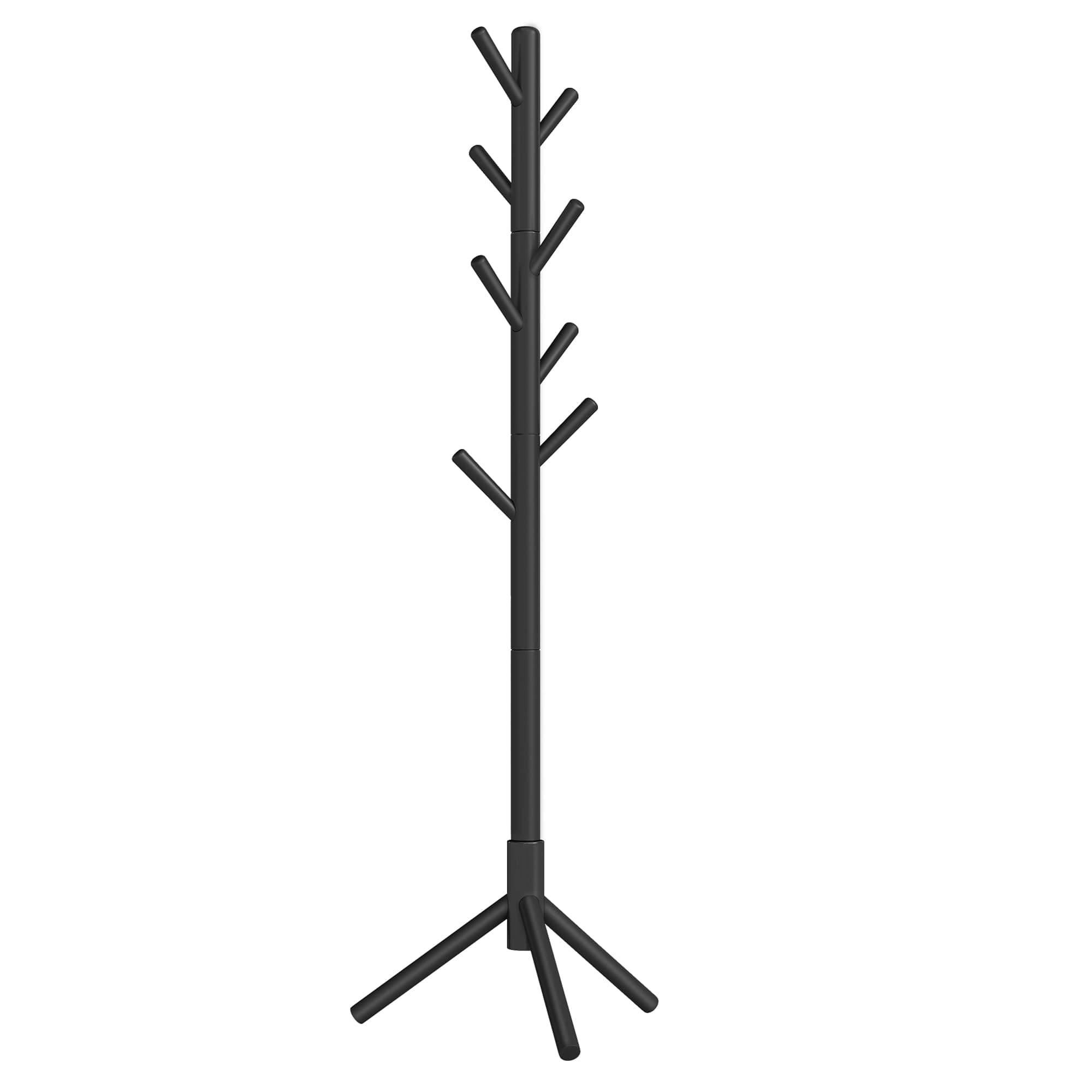 VASAGLE Solid Wood Coat Rack, Free Standing Tree-Shaped Coat Rack with 8 Hooks, 3 Height Options, for Clothes, Hats, Bags, Living Room, Bedroom, Home Office, Black URCR04BK
