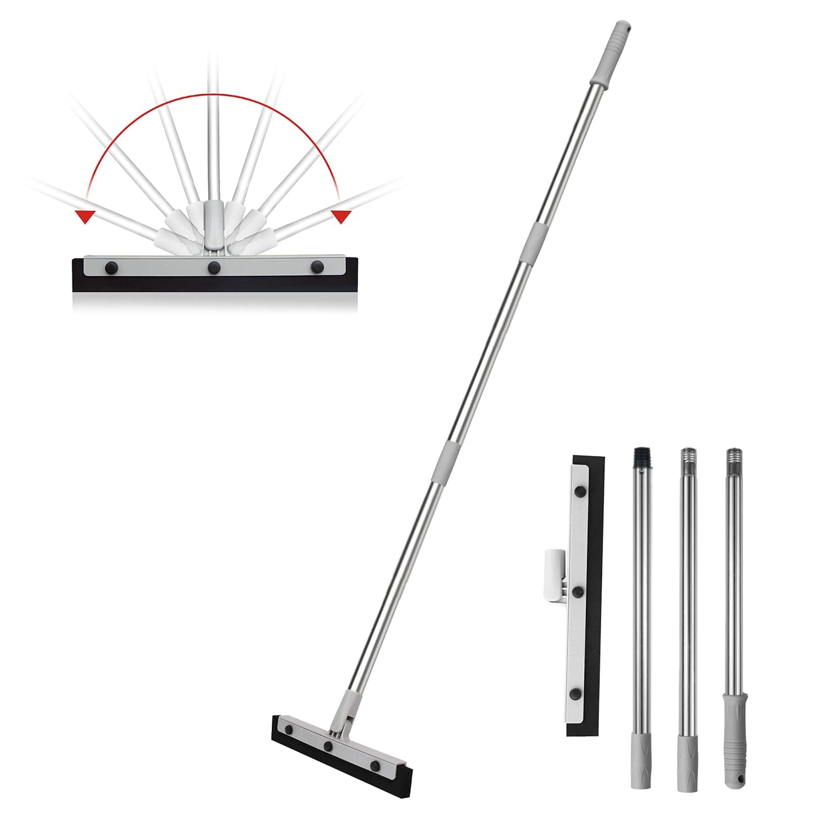 DrDirt Floor Squeegee, 14-Inch Swivel Squeegee Head, Replaceable Foam Rubber Blade, 3-Section Stainless Steel Pole, for Bathroom, Kitchen, Pet Hair, and Carpet