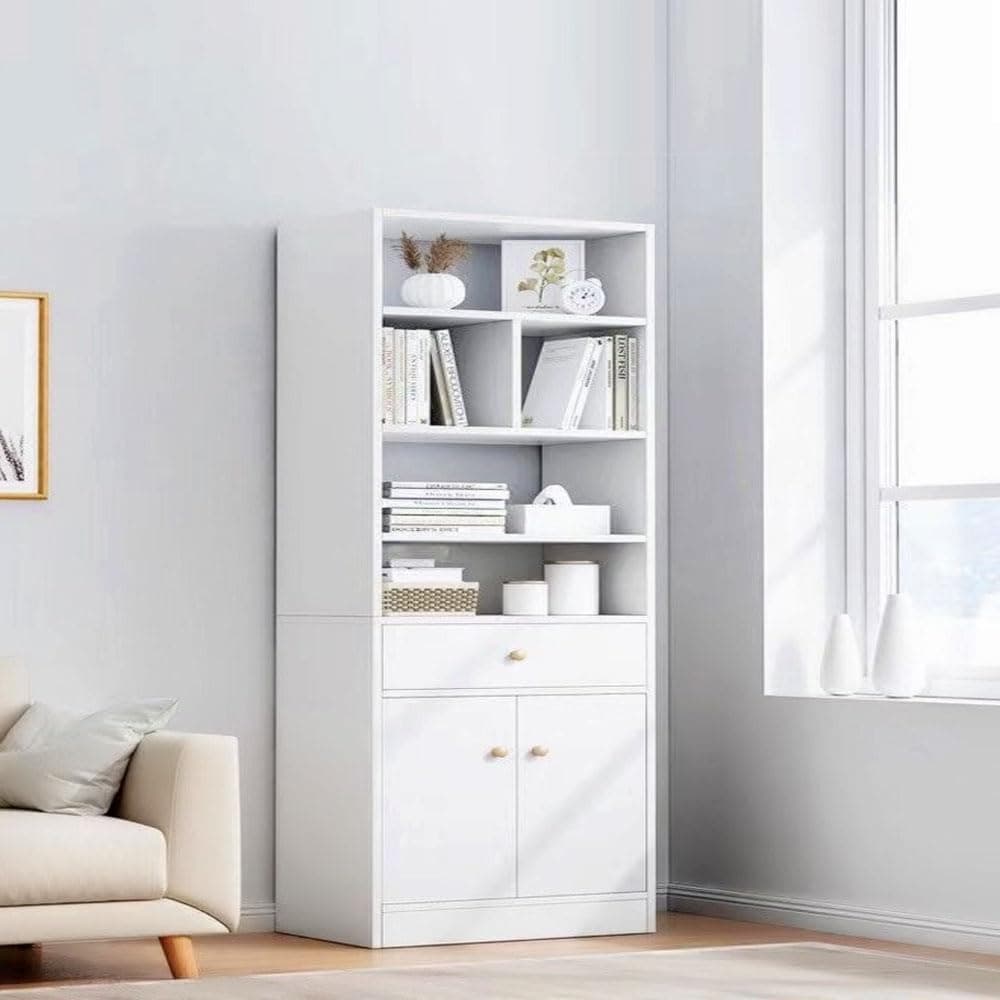 Kutis Multipurpose Multi-Tier Modern Design Bookshelf with Large 2-Door Storage Cabinet and Drawer - Vertical Floor Shelf Bookcase for Living Room or Home Office Furniture 46x60x182 cm.