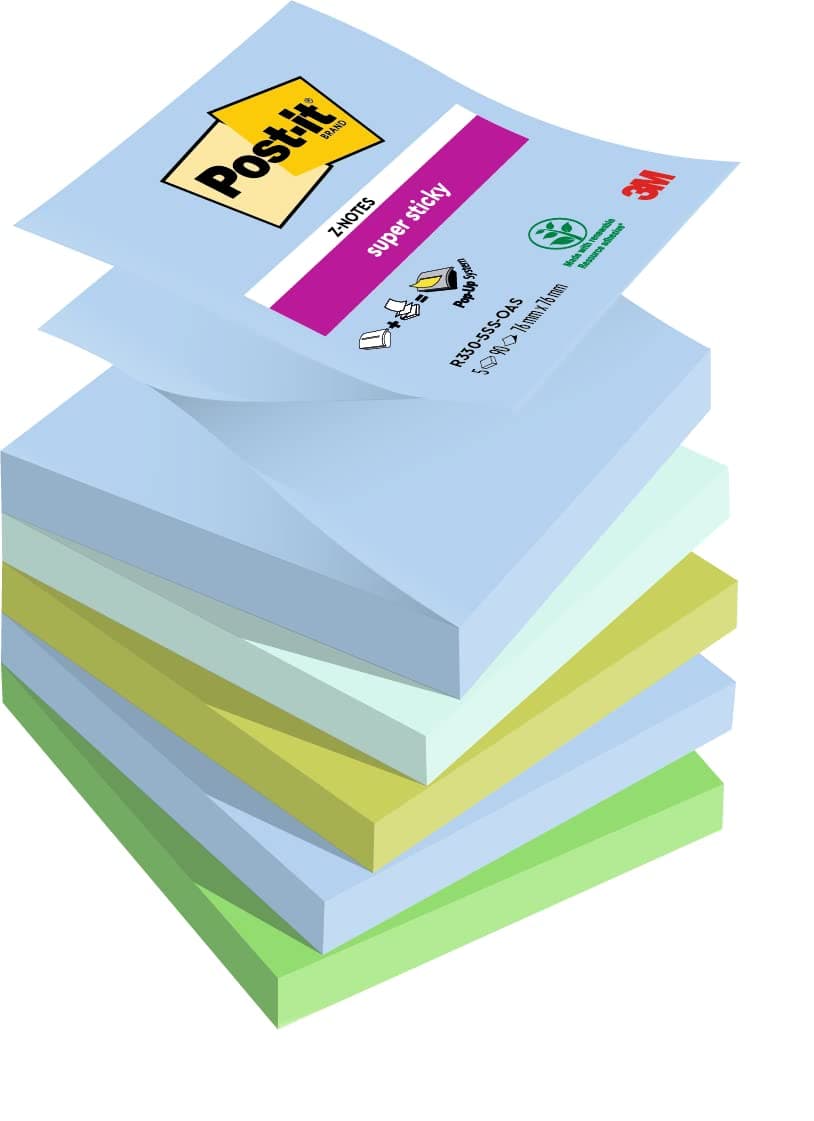 Post-it Super Sticky Z-Notes, Oasis Colour Collection, 76 mm x 76 mm, 90 Sheets/Pad, 5 Pads/Pack