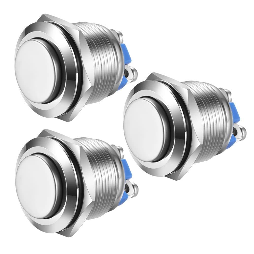 3pcs 19mm Momentary Push Button Screw Type Terminals Stainless Steel Metal Waterproof Button 5A 12V/24V/125V/250VAC with 2 Screw Terminals Stainless Steel(High Head)