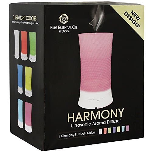 Pure Essential Oil Works Harmony LED Ultrasonic Aroma Diffuser, Diffuses Essential Oils with Cool Mist, Adjustable Mist Options, Auto Shut-Off and Seven LED Light Colors