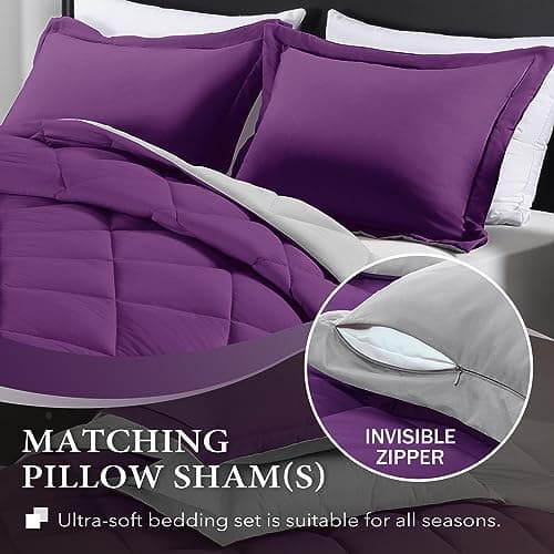 downluxe Lightweight Solid Comforter Set (Queen) with 2 Pillow Shams - 3-Piece Set - Purple and Grey - Down Alternative Reversible Comforter
