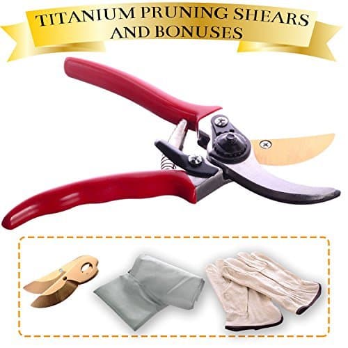 Garden Loves Titanium Pruning Shears Clippers Set Includes Scissors Tool, Leather Gloves and Gardening Bag w/ 2 Bonus Blades