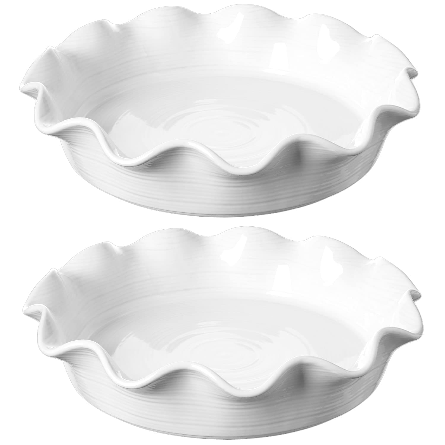 Ceramic Pie Pans for Baking, 11 Inches Deep Dish Pie Plate for Apple Pie, Pot Pie, 48 Ounce Baking Dish with Ruffled Edge, Set of 2, White