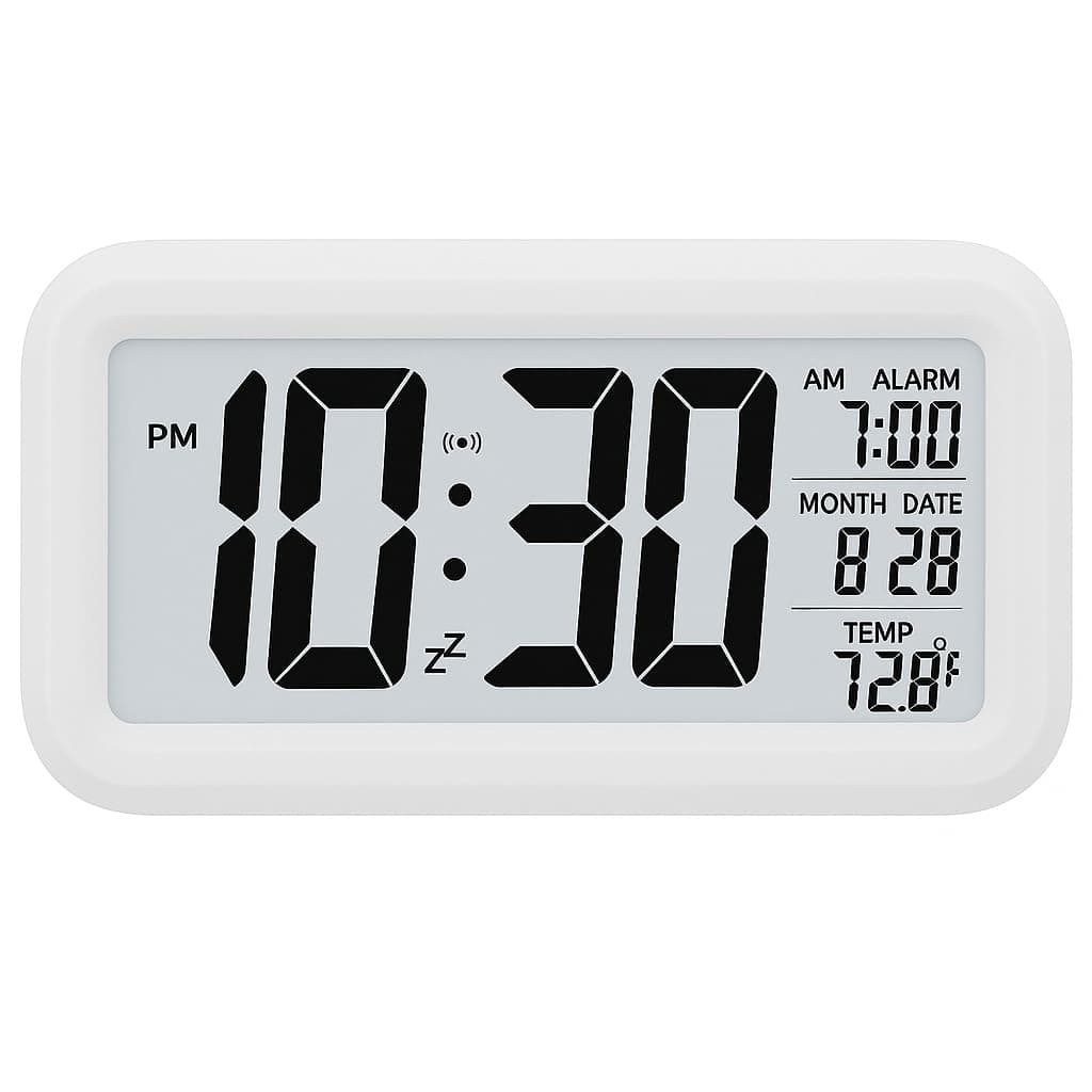 AERYS Digital Alarm Clock, Table Clock with Automatic Sensor, Date and Temperature Display, Compact Desk Clock for Students,Home, Office, Bedroom, Living Room,Home Decor, Corporate Use (White Digital)