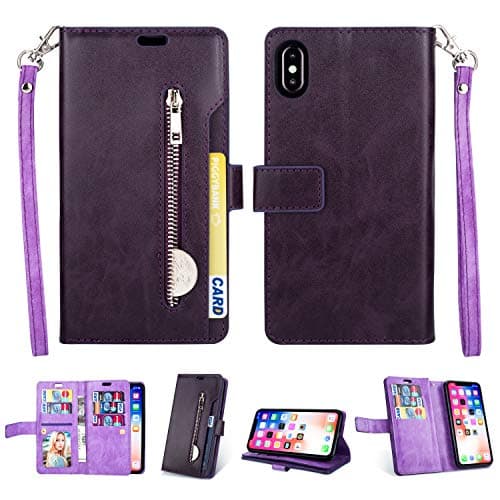 FLYEE iPhone Xs Max Case, iPhone Xs Max Wallet Case, 10 Card Slots Premium Flip Wallet Leather Magnetic Case Purse with Zipper Coin Credit Card Holder Cover for iPhone Xs Max 6.5 inch Purple