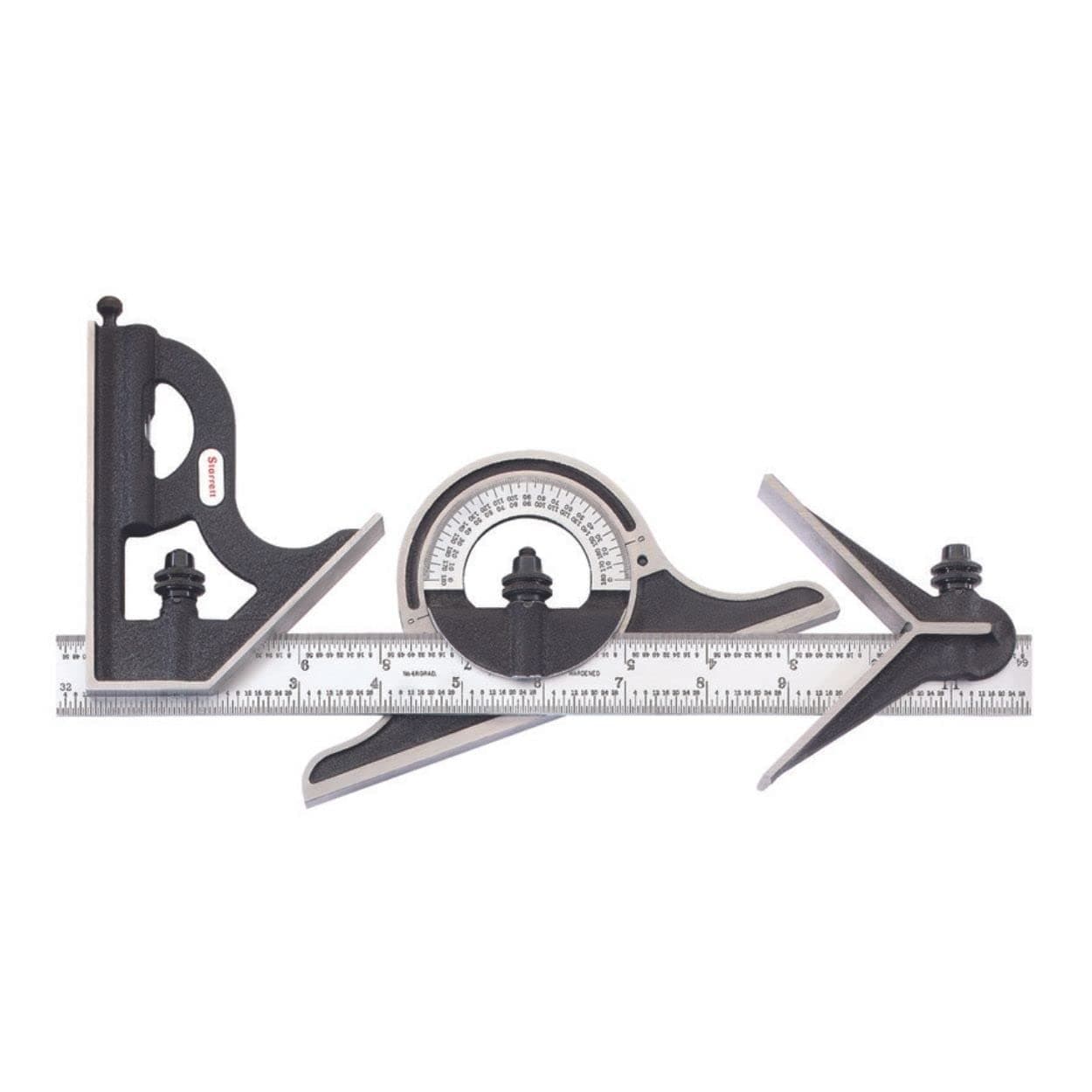 Combination Set with Square, Center and Non-Reversible Protractor Head and Blade - 12" Blade Length, Cast Iron Heads, Hardened Steel, 4R Graduation Type - C9-12-4R