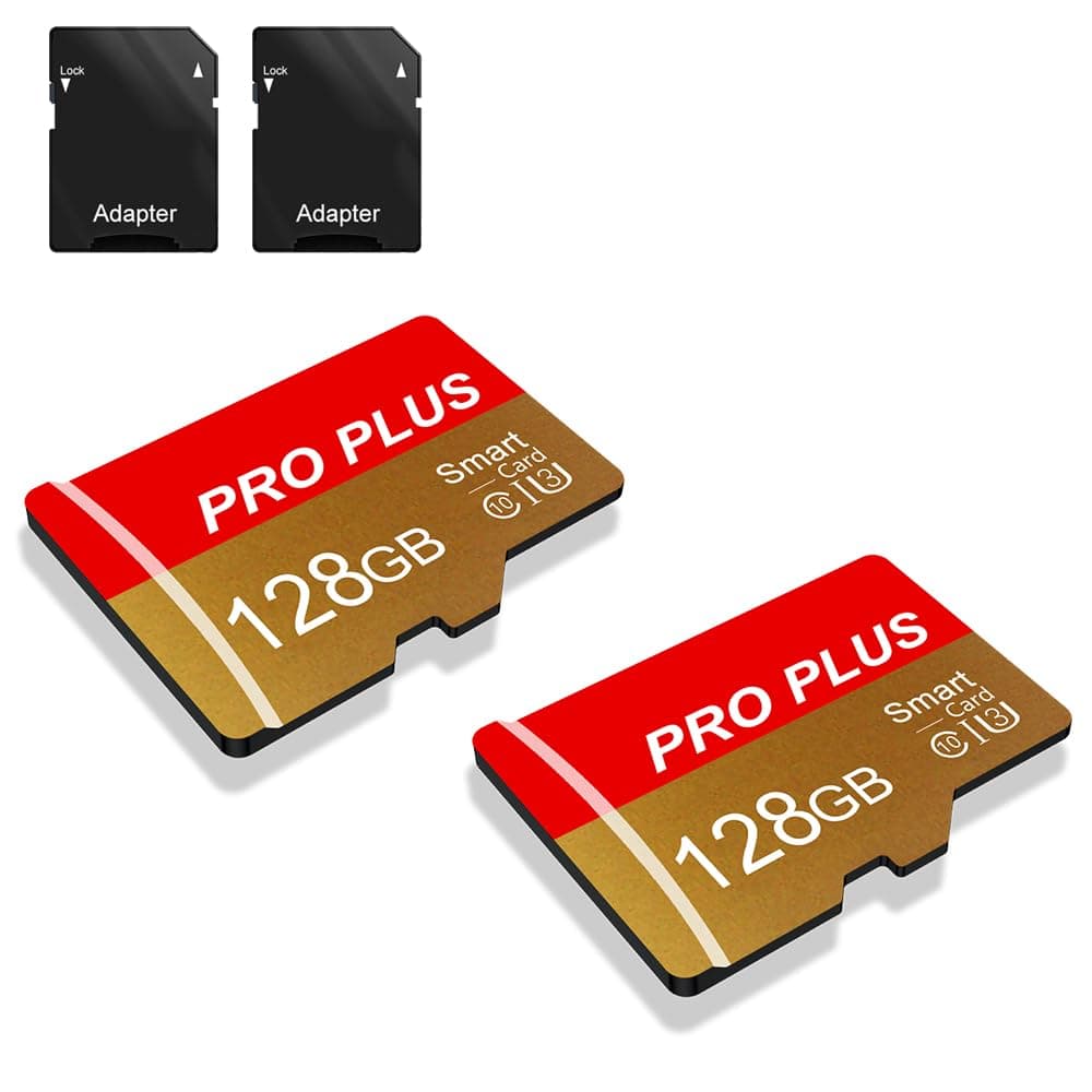 - 2 Pack TF Card 128GB with Adapter, High Speed Memory Card, UHS-I C10 A1 Memory TF Card for Tablet/Mobile Phone/Camera/Car Audio/Game Console (TF162 Red Gold 128GB)