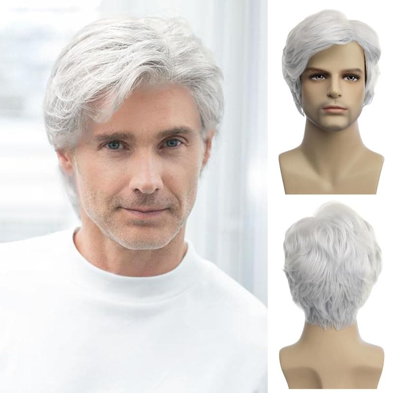 Men Wigs Short White Wig Synthetic Heat Resistant Natural Halloween Cosplay Hair