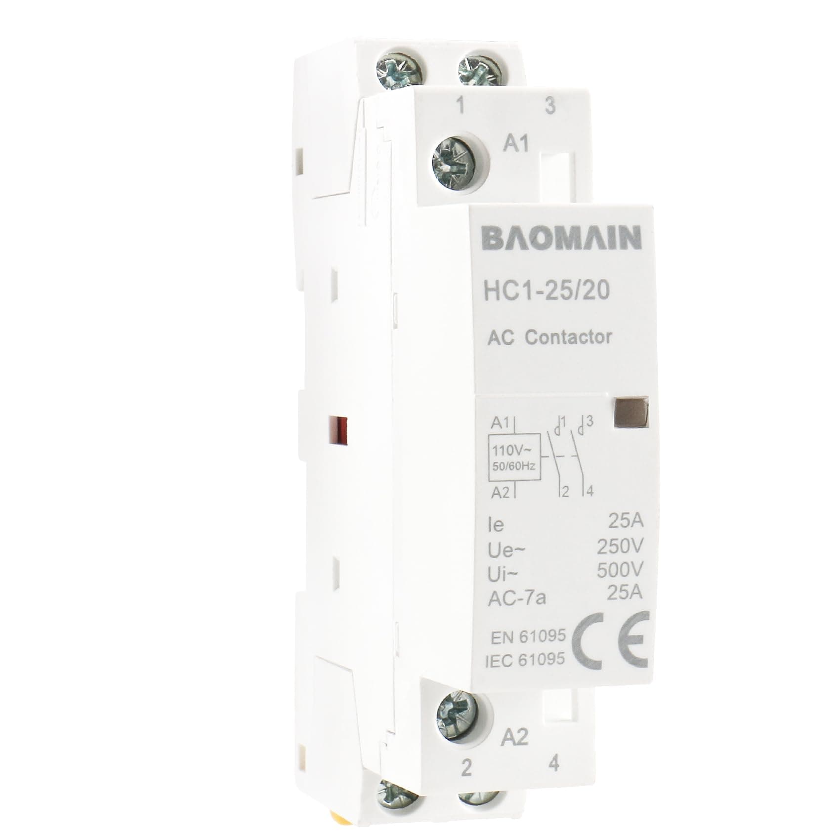 Baomain 110V AC 2-Pole Modular Contactor, 25A 2NO Normally Open, DIN Rail Mount for HVAC, Motor, Pump & Lighting Control BCT-25/20,HC1-25/20-110VAC