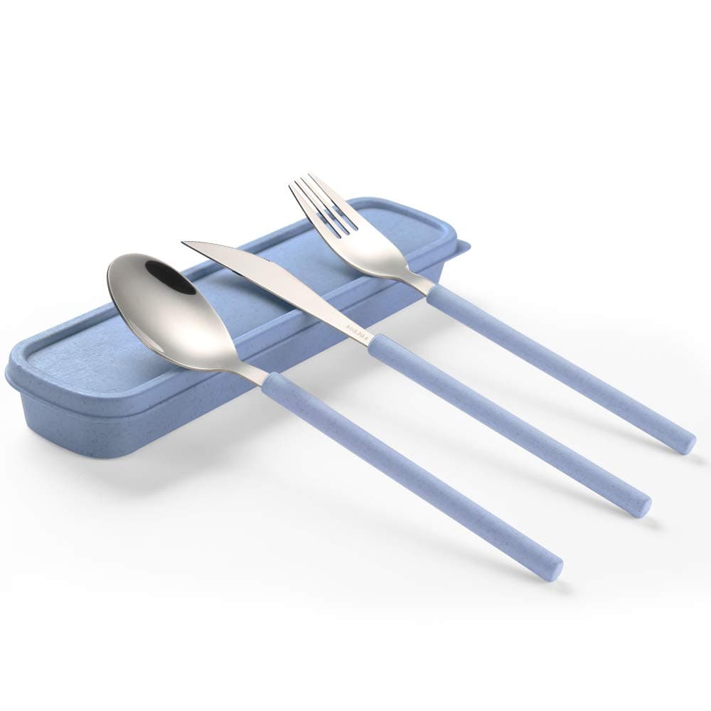 ArderLive 3 PCS Outdoor Flatware Set with Case, Fork Spoon Knife/Travel Set for Travel, Lunch Box and Camping, father's day gifts, Blue