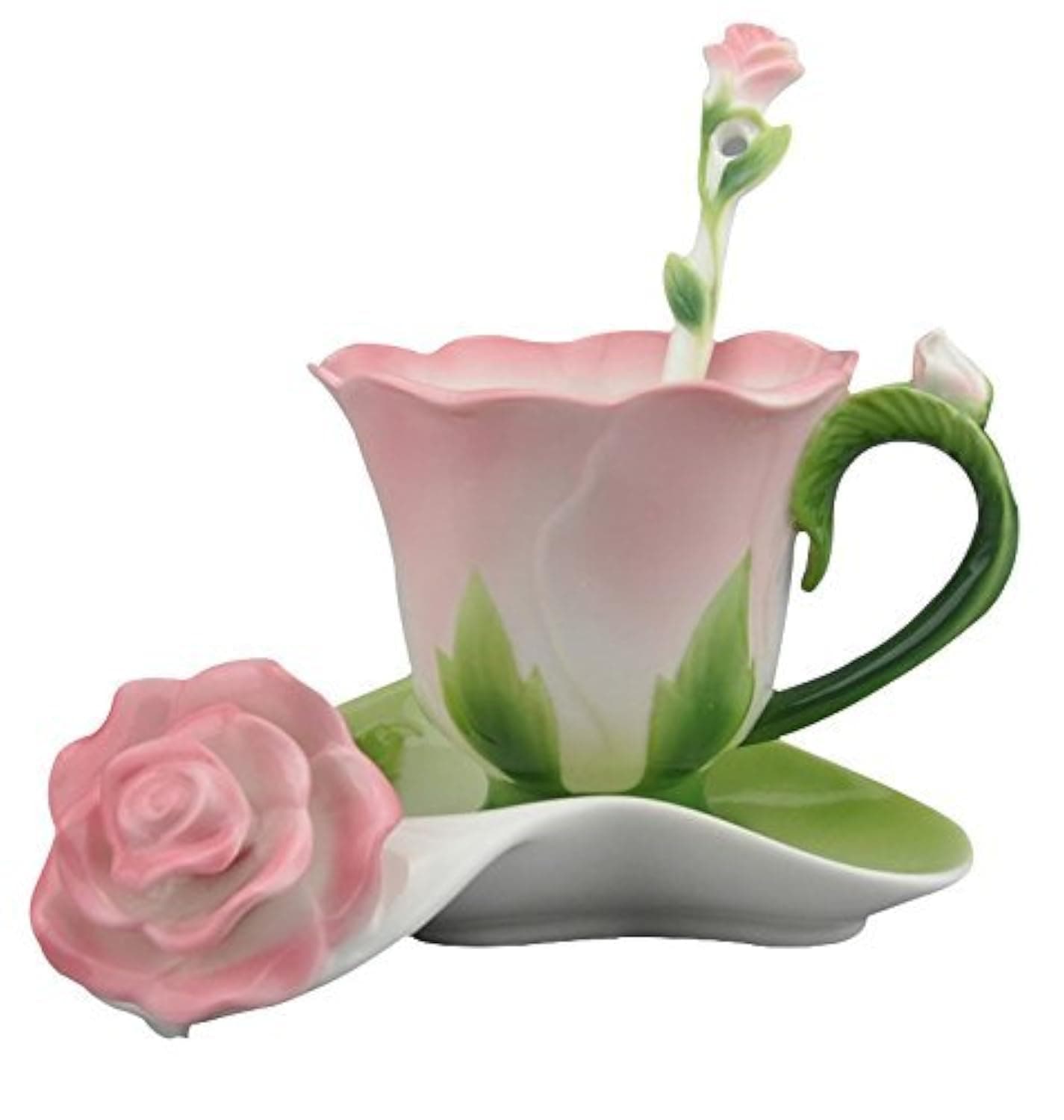 YBK Tech Creative 3D Rose Bone China Ceramic Coffee Mugs Afternoon Tea Cup and Saucer Set (Pink)