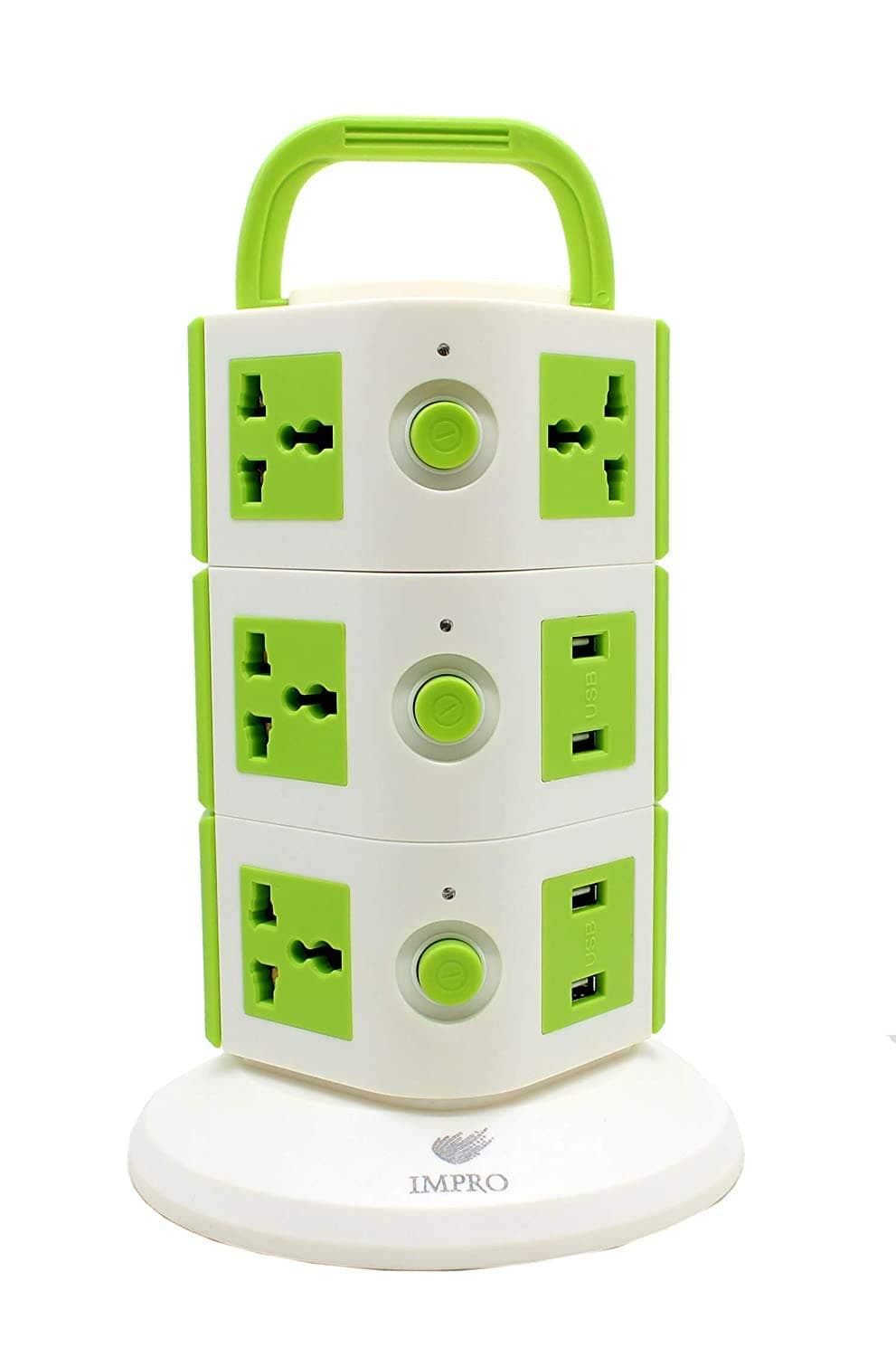 Impro Green Colour 11 Socket + 2 USB Ports Tower Socket Spike Buster / 3 Floor Vertical/Surge Protector / 10A Plugs / 2500W Rated Power/Copper Core Cable/ABS Material / 1.6 Meter Cord Length