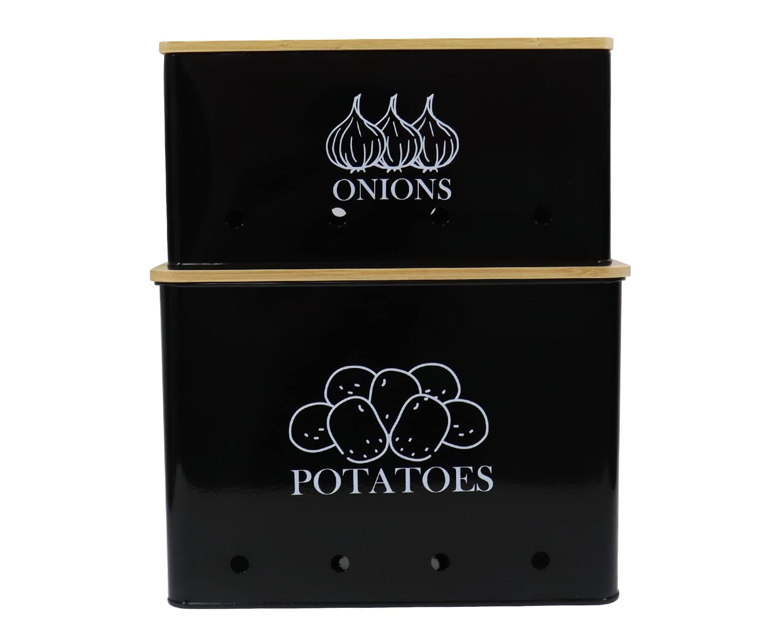 Potato Onion Kitchen Storage Canisters,Storage Bin For Kitchen 2 Pack Set,potatoe, Potato Storage Box，storage And Long Shelf Life With Aerating Tin Storage Holes-Black