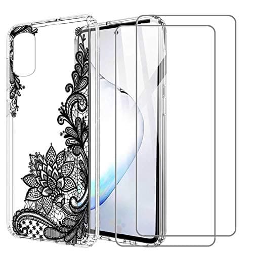 Compatible for Samsung Galaxy Note 10 Lite Case with 2 Tempered Glass Screen Protector Soft Silicone Crystal Clear Bumper Slim Protective Phone Cover Case for Samsung Galaxy A81,Black Flowers