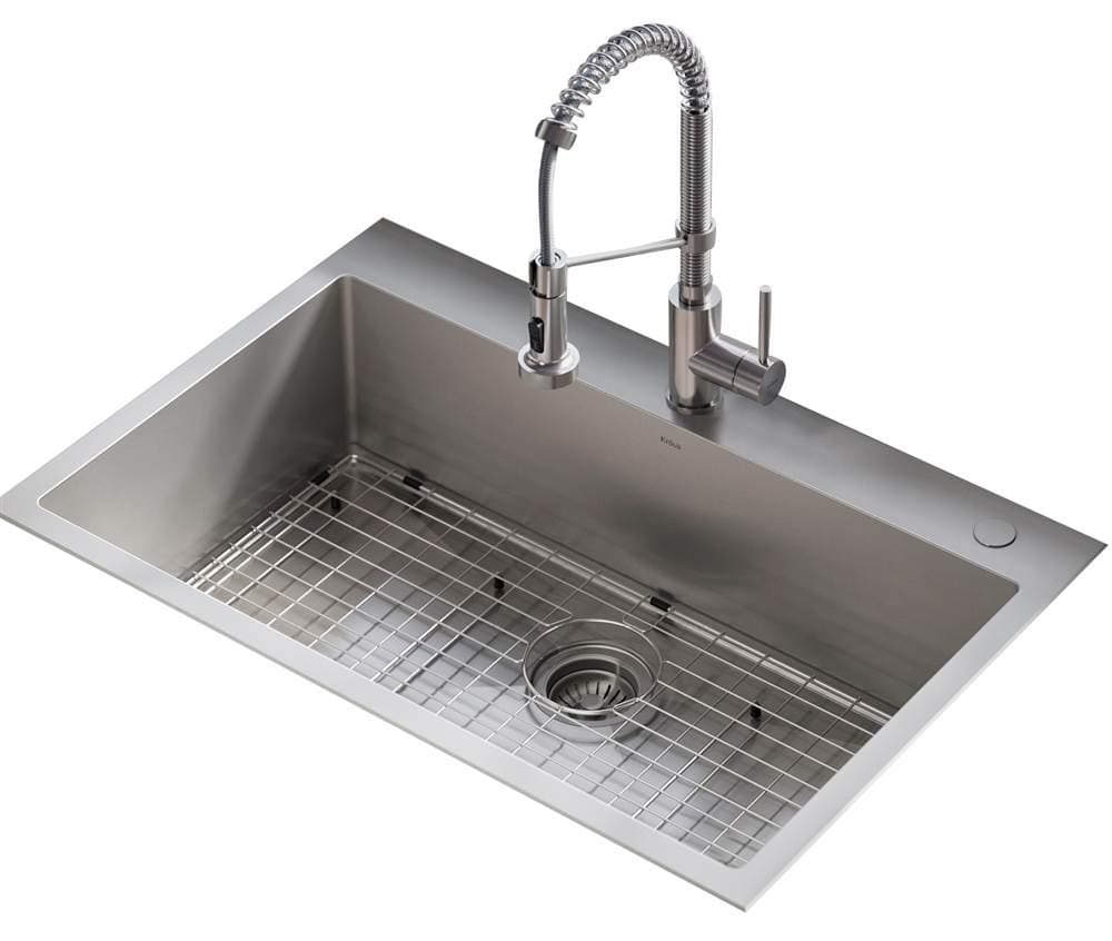 KCA-1102 Stark Dual Mount Drop Sink and Pull-Down Commercial Kitchen Faucet Combo in Stainless Steel Finish, 33"- Single Bowl