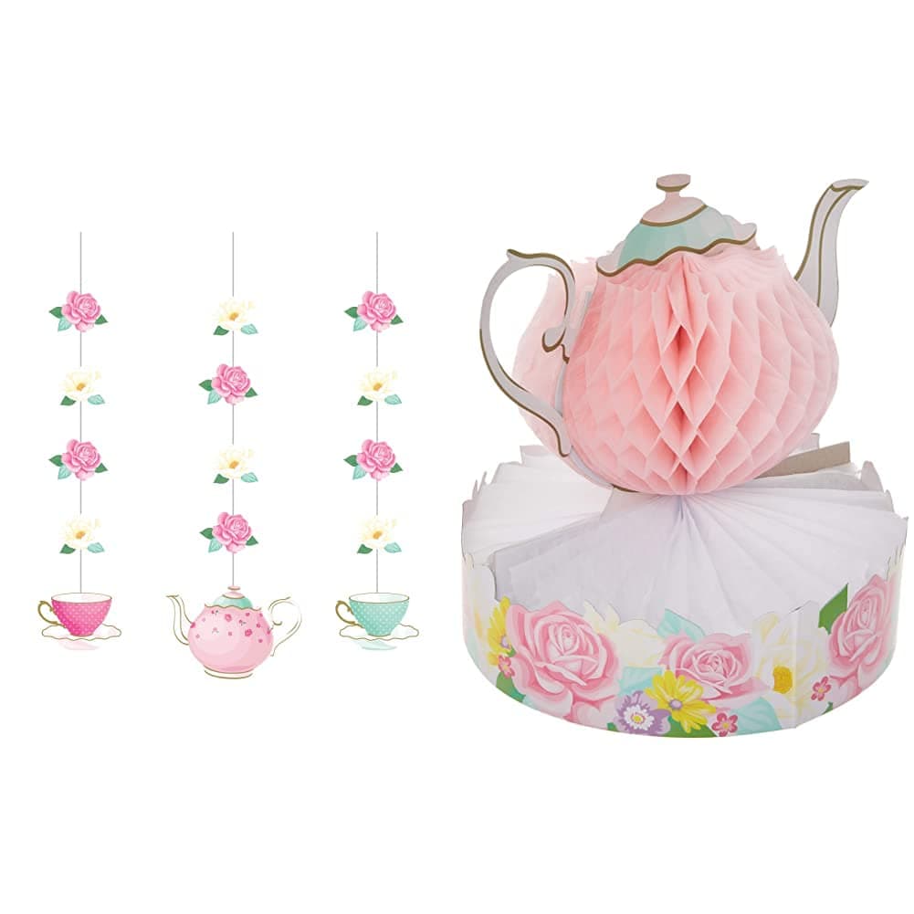 Creative Converting Floral Tea Party Hanging Decorations, 3 ct Multi Color, 32" & Floral Tea Party Centerpiece, 1 ct