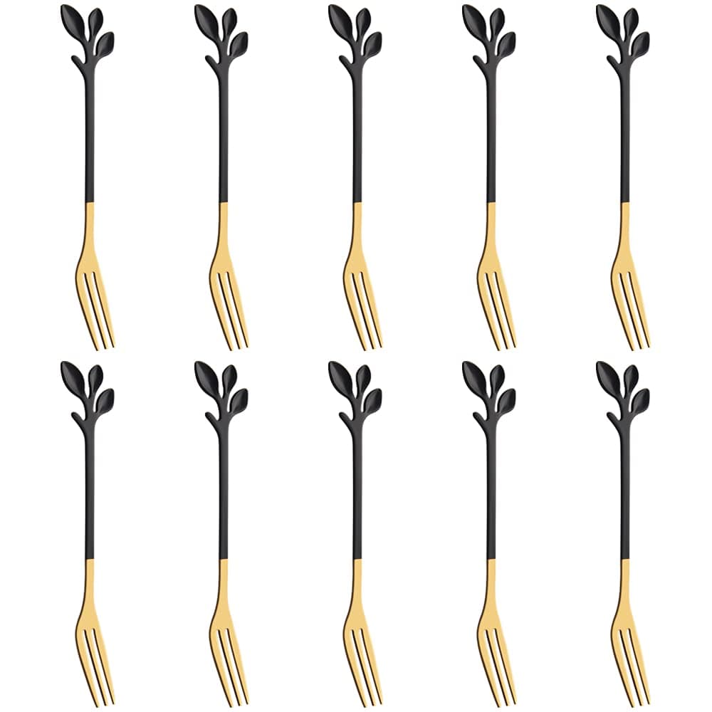 AnSaw dessert fork with leaf handle, 10 Pcs 4.7"appetizer fork,Creative Black & Gold fruit fork, Premium Food Grade Stainless Steel,Mirror Finish & Dishwasher Safe (Black gold-10Fork)