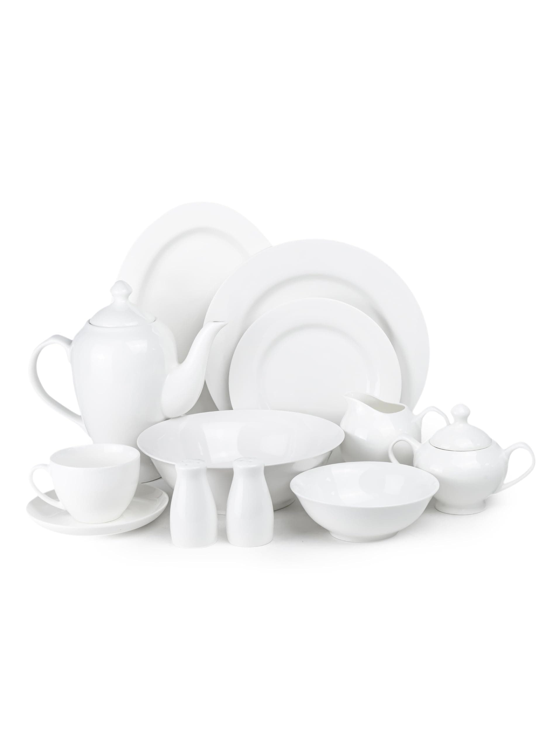 47-Piece Bone China Dinnerware Set White Dinner Set for 8 | Dinner Plates, Dessert Plates Tea Cups Saucers Bowls Salad Bowl Oval Platter Tea Pot Sugar Pot Creamer Salt & Pepper Shakers
