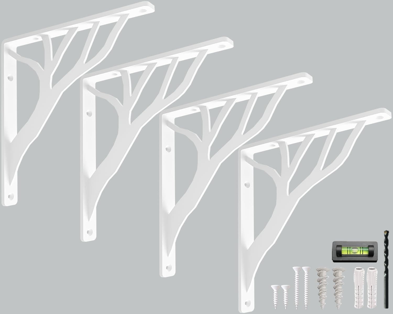 Rustic Tree White Heavy Duty Shelf Brackets 6 inch by Balin Designs, Decorative L Brackets, Iron Metal Floating Shelf Bracket, Wall Mount Shelving Bracket, Included Hardware, Set of 4