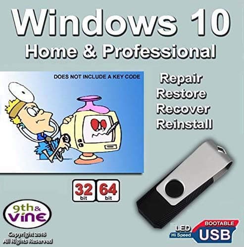 9th & Vine USB Flash Drive Compatible With Windows 10 Home & Professional 32/64 bit. Install, Repair, Restore & Recovery USB Drive For Legacy Bios