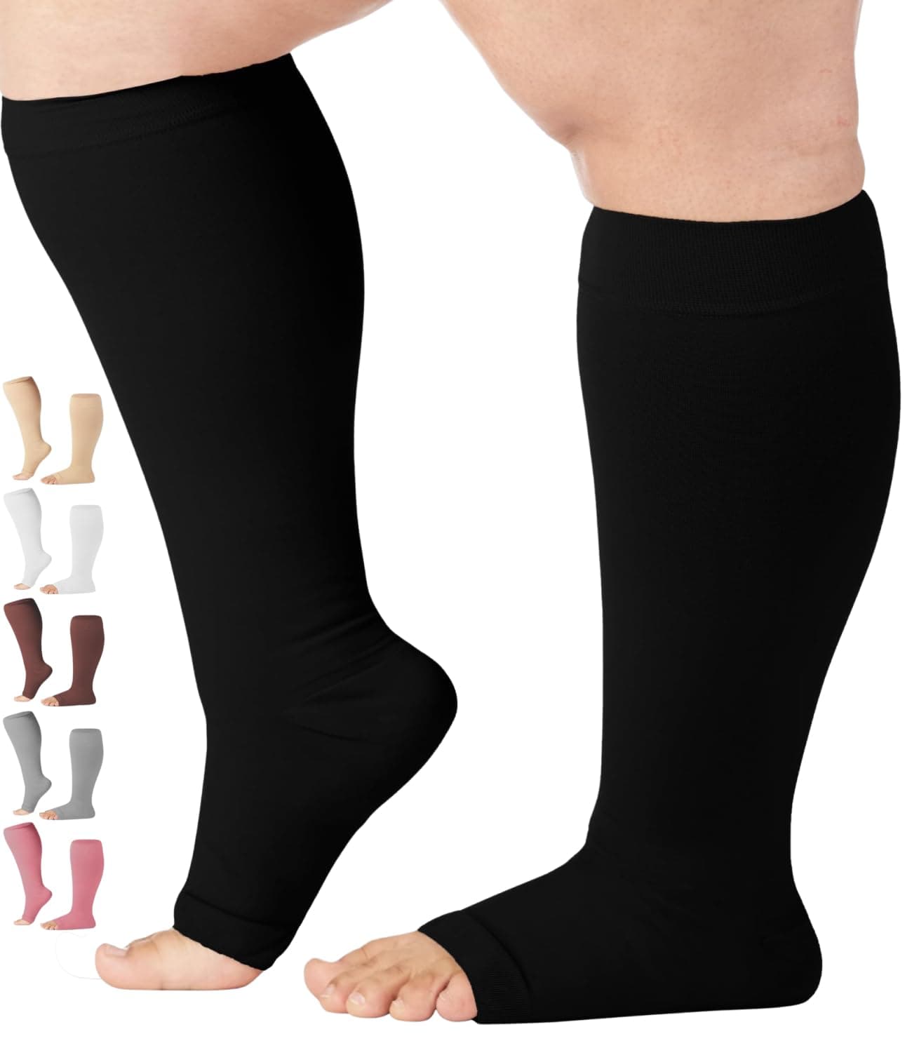 7XL Mojo Compression Socks, Bariatric Extra Wide Calf - Plus Sized Ankle Support Hose Opaque Open Toe 20-30mmHg, Lymphedema Stockings - Black - Size XXXXXXX-L
