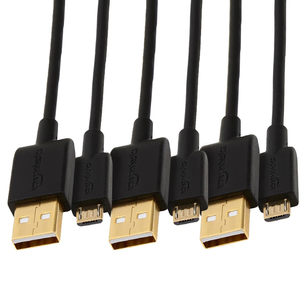 – Amazon Basics 3-Pack USB-A to Micro USB Charging Cable, 480Mbps Transfer Speed with Gold-Plated Plugs, USB 2.0, 0.9 m, Black