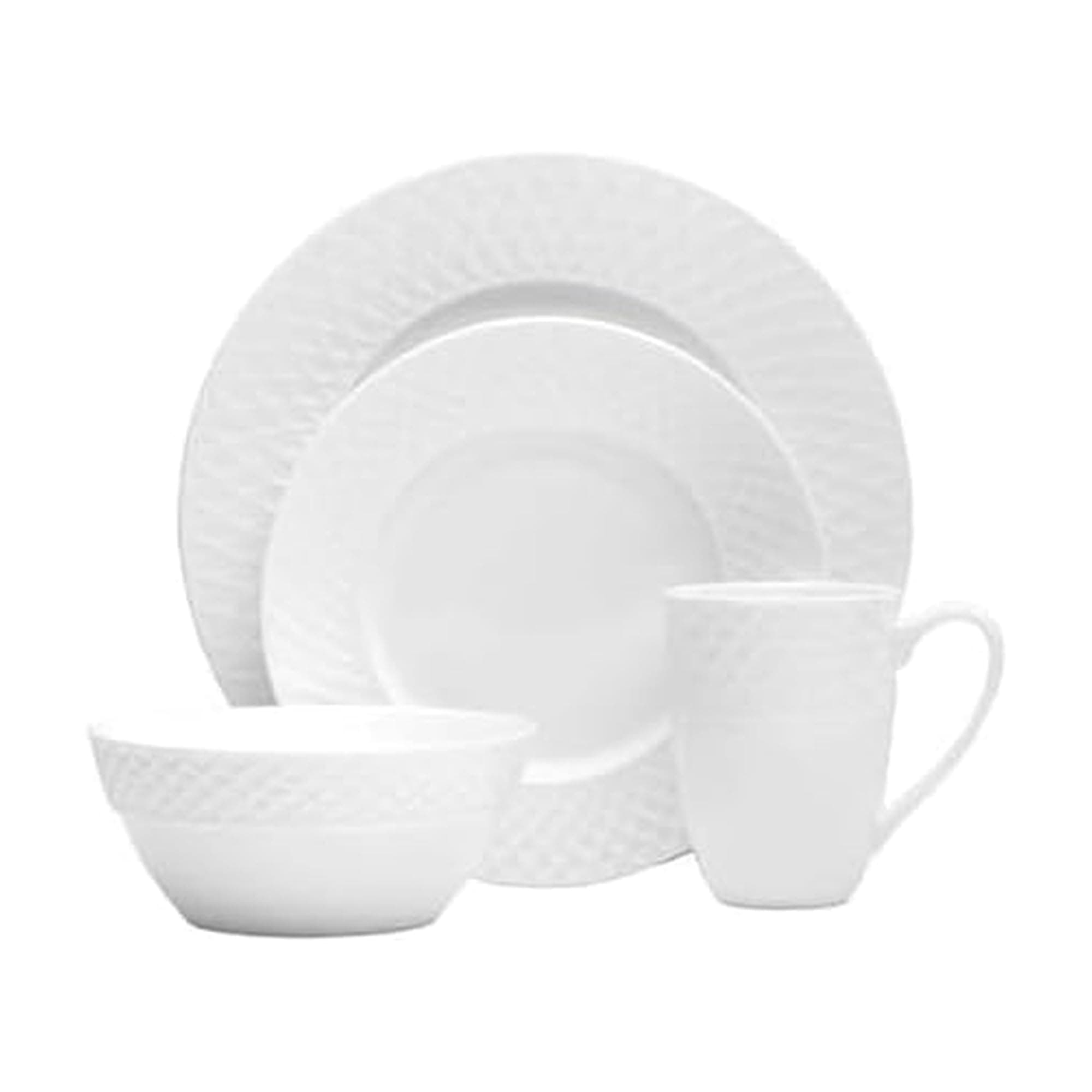 Trellis 16-Piece Bone China Dinnerware Set, White, Includes Dinner Plates, Salad Plates, Cereal Bowls and Mugs, Dishwasher Safe