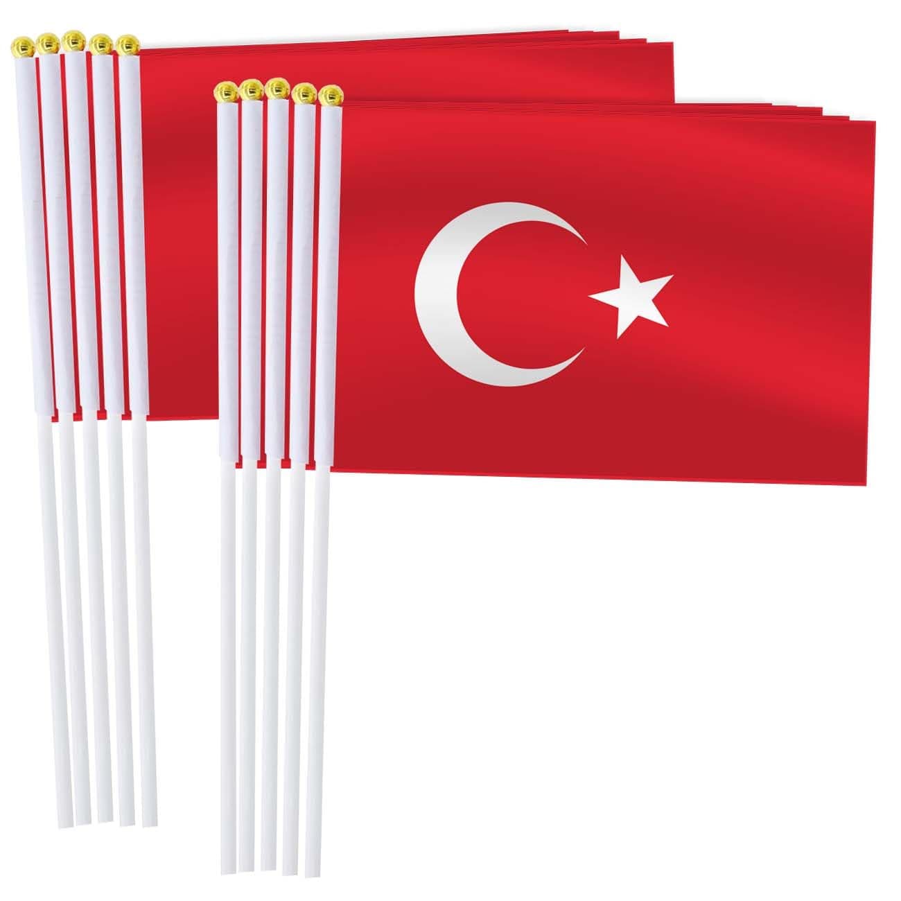25 Pack Turkey Handheld Small Flag,Mini Turkish Hand Held Miniature Stick Decor