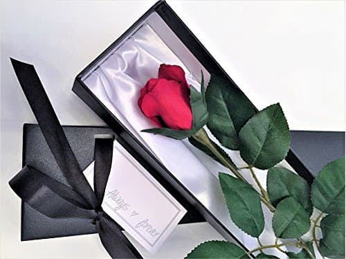 Single Stem Red Rose in a Silk Lined Black Presentation Gift Box including Always & Forever Gift Card. (Lu-Lu)