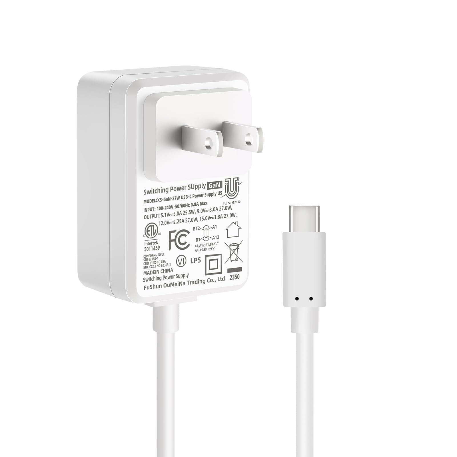 iUniker PD USB-C 27W Power Supply for Raspberry Pi 5, Cable Length 47 inch 5.1V 5A GaN PD 27W Power Supply for Raspberry Pi 5 16GB/8GB/4GB/2GB (ETL Listed)