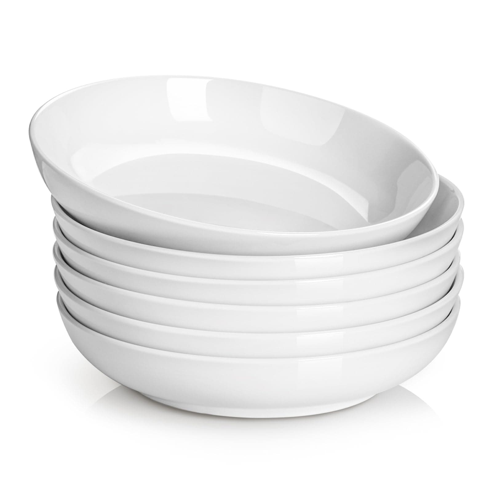 DOWAN 8.5" Pasta Bowls, 32oz Salad Bowls Set of 6, Natural White Ceramic Serving Bowls, Porcelain Plate Bowl Serving Dish Shallow Bowls Set for Kitchen, Microwave Dishwasher Safe