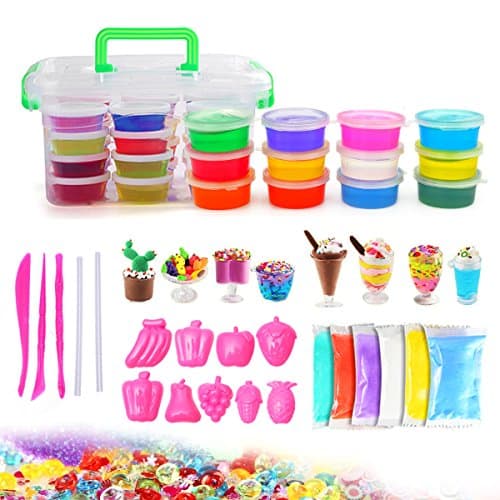 DIY Fluffy Slime Kit - 46 Pack Clear Slime Making Kit Supplies for Kids, Comes with Ultimate Clear Slime, Modeling Dry Clay, Fruit Mold, Glitter Jars, Foam Balls, Mixed Decoration for Kids Aged 6+