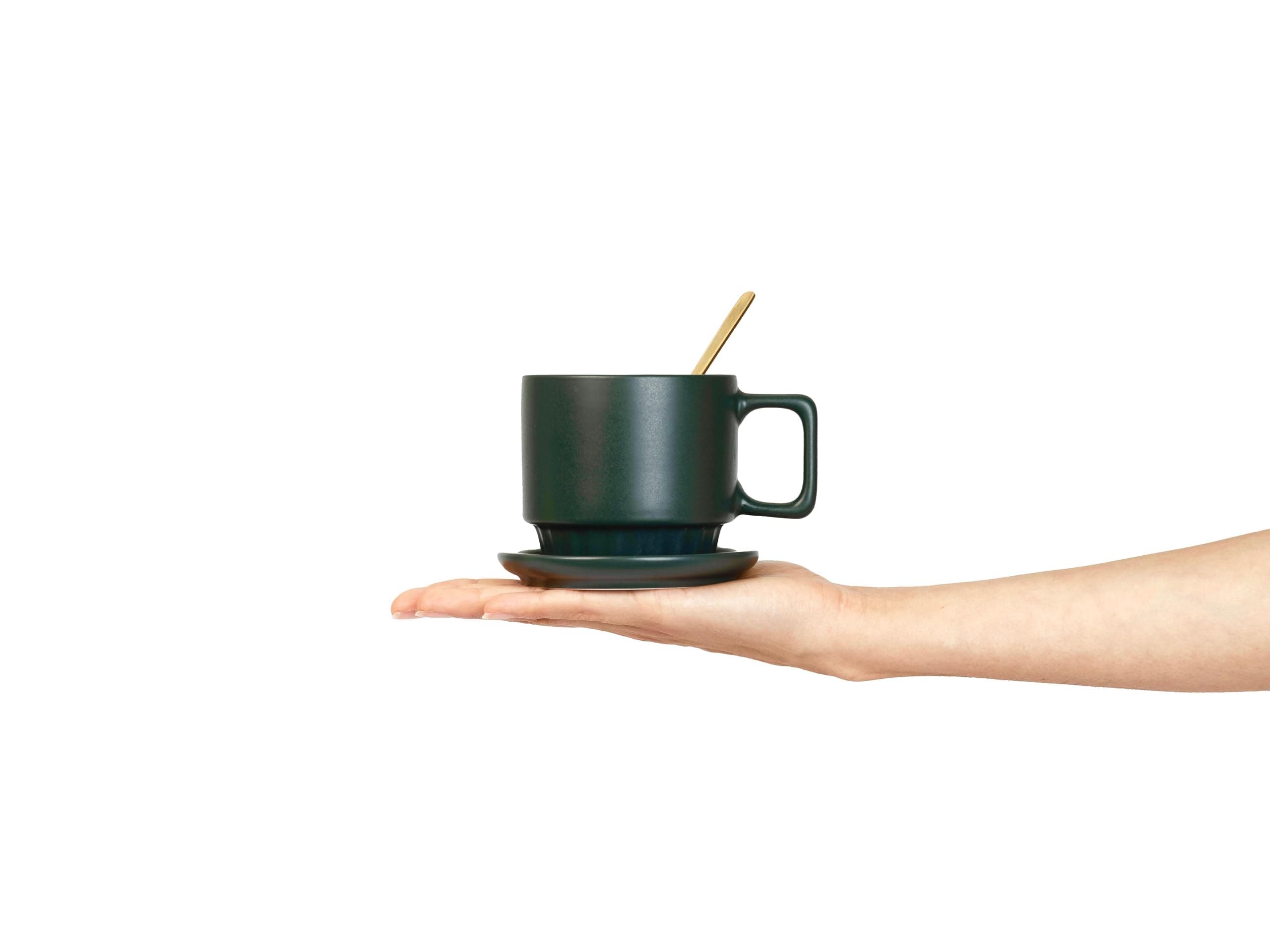 Stackable Mugs with Rack, Saucers and Spoons, Normal, Green