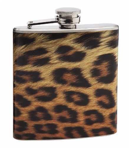 6oz Hip Flask - Leopard Pattern Print Design - Pocket Size, Stainless Steel, Leak Proof, Screw-On Cap - Brown and Black Wrapped Vinyl Finish