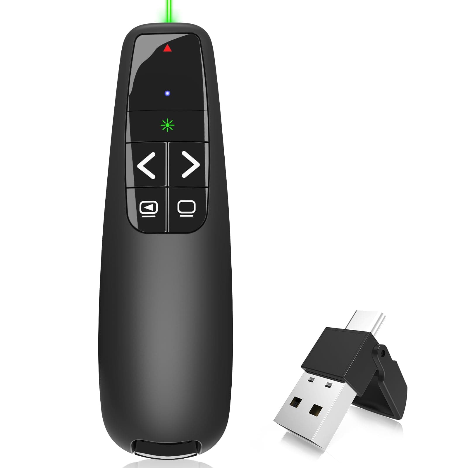 Wireless Presentation Clicker PowerPoint Presenter Remote : USB Type C Clicker with Green Laser Pointer Long Range PPT Control -Power Point Google Slide Advancer for Mac Laptop PC Computer Keynote
