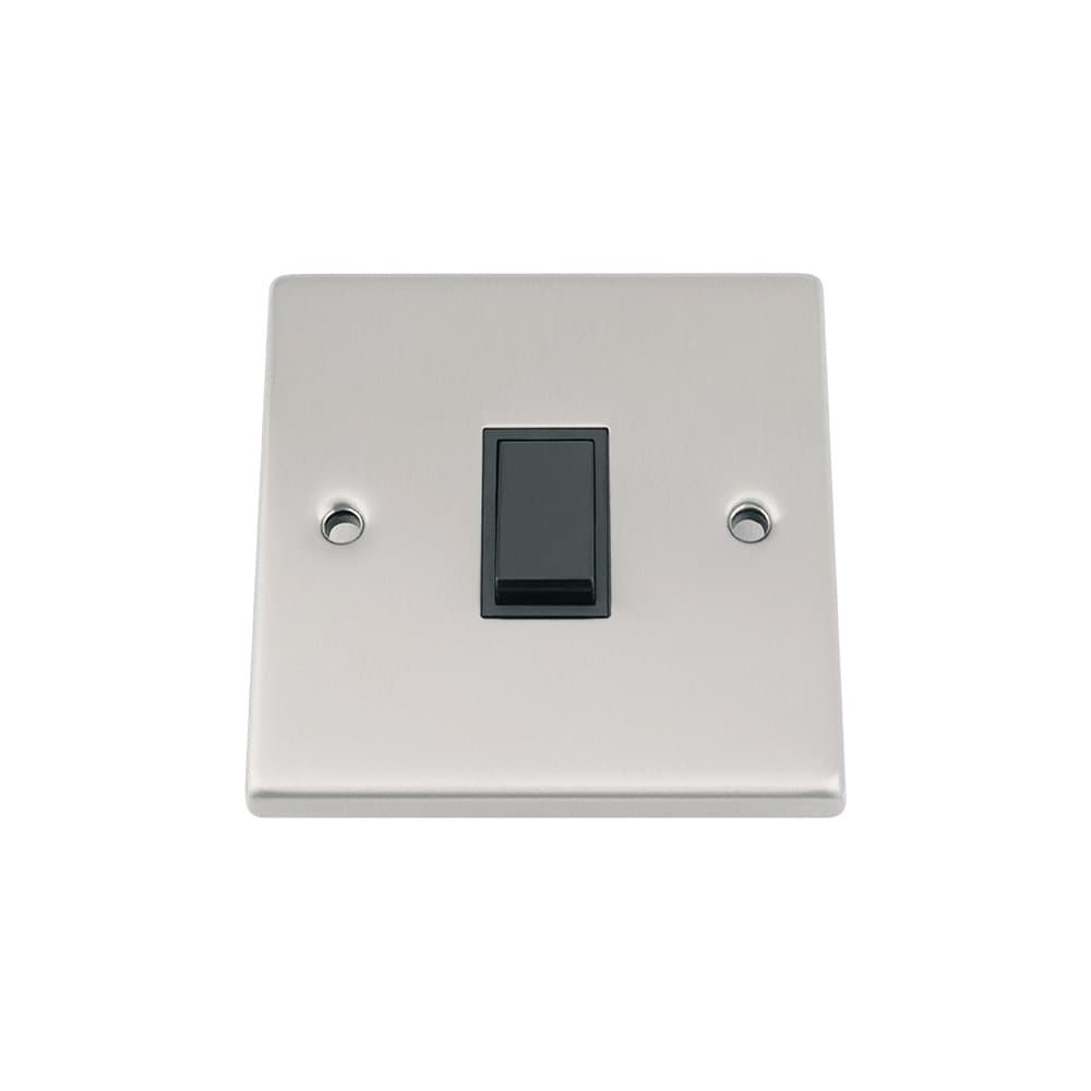 Light Switch 1 Gang - Satin Matt Chrome - Square - Black Insert Plastic Switch - 10 Amp Single 1 Gang 2 Way