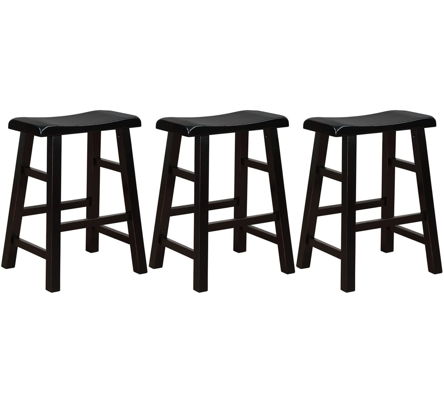 Heavy-Duty Solid Wood Saddle Seat Kitchen Counter Height Barstools, 24 Inches, Black, Set of 3