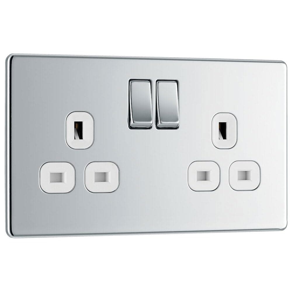 BG Electrical Double Switched Power Plug Wall Socket, Flatplate Screwless, Polished Chrome, White Inserts, 13A, FPC22W