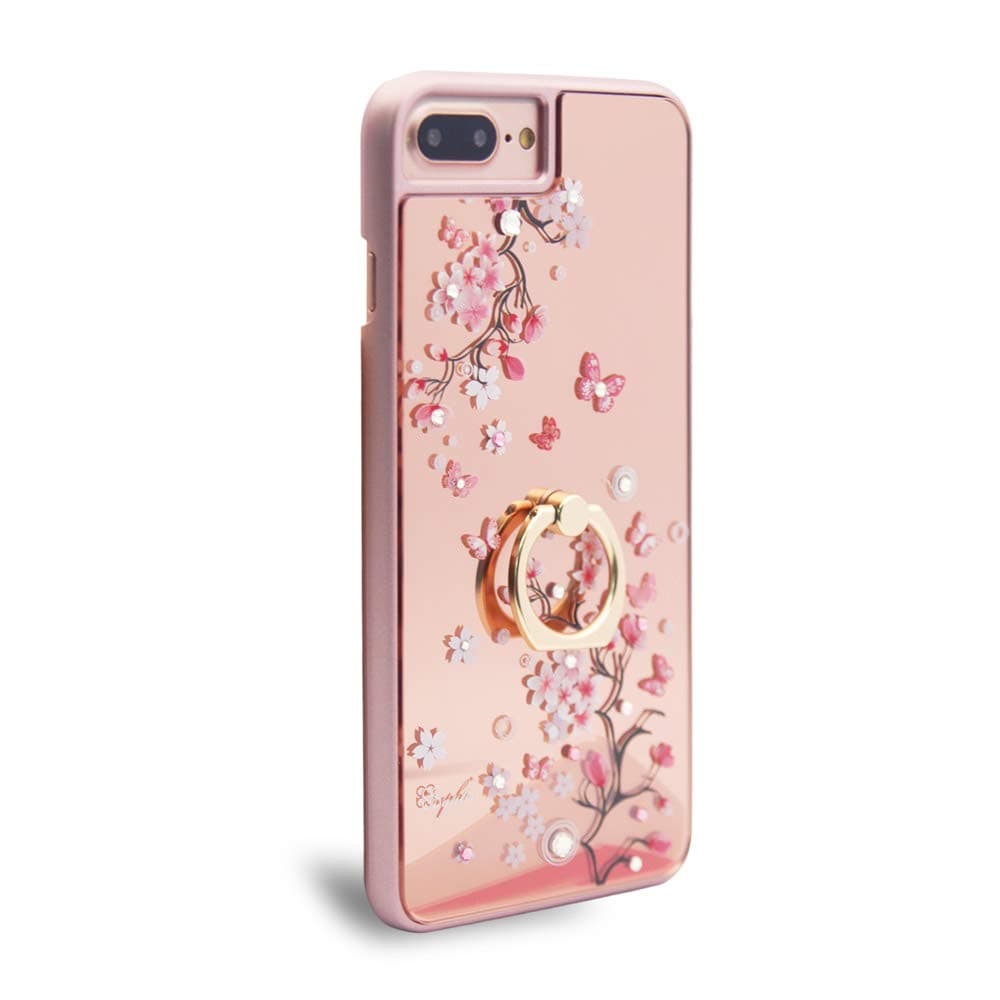 apbs Series Case for iPhone 8 Plus/7 Plus/6s Plus/6 Plus 5.5",Crystal Swarovski,Mirror Ring Stand Case Metal Ring Holder Kickstand(360°Adjustable Ring Stand Grip)-[Rose Gold] Japanese Sakura