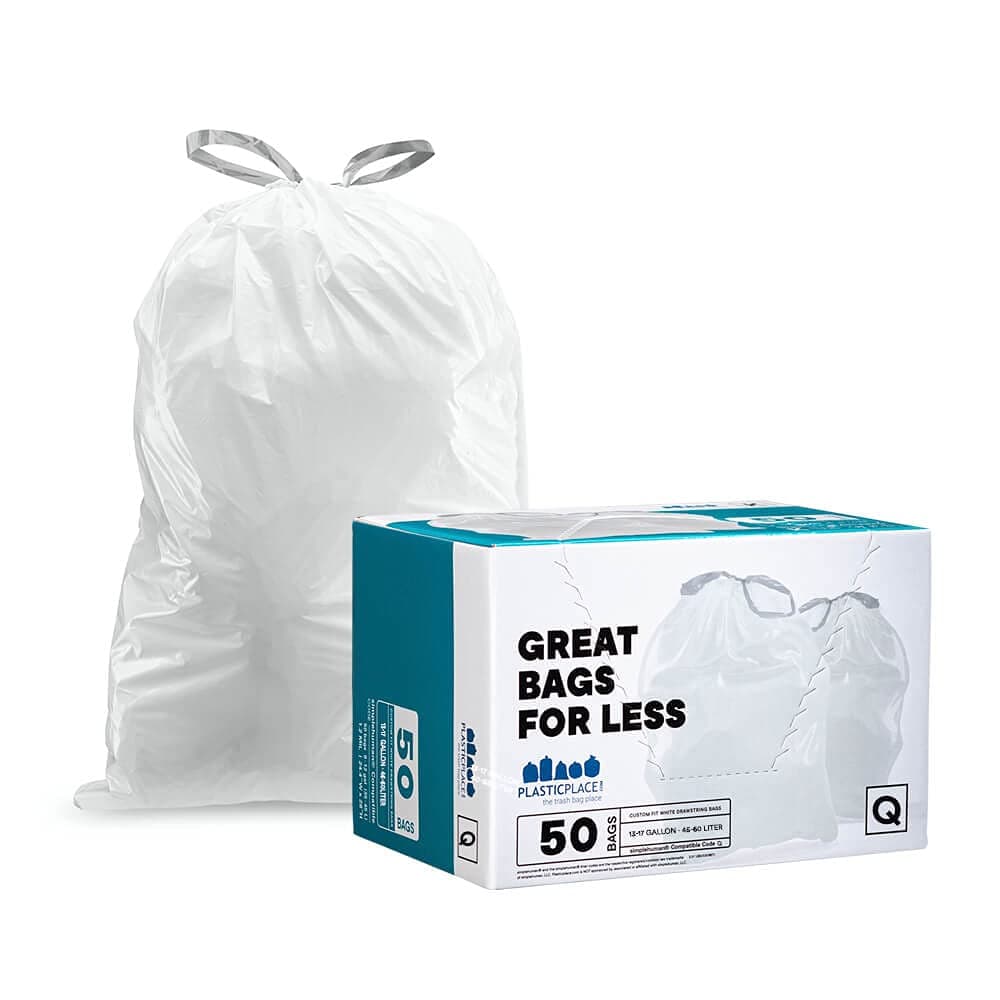 Plasticplace Custom Fit Trash Bags, Compatible with Simplehuman Code Q (50 Count), 13-17 Gallon Drawstring Garbage Liners, Heavy Duty Tear-Resistant