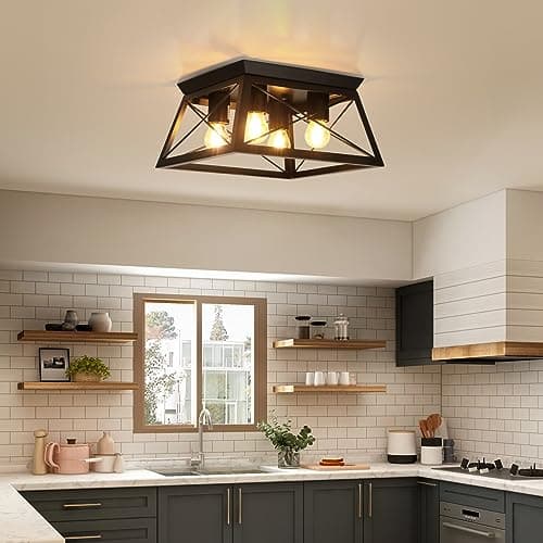 Farmhouse Ceiling Light Fixture Black Flush Mount Ceiling Light 4-Light Metal-Framed Industrial Kitchen Ceiling Lights for Dining Room Kitchen Bedroom Hallway Foyer Living Room Laundry