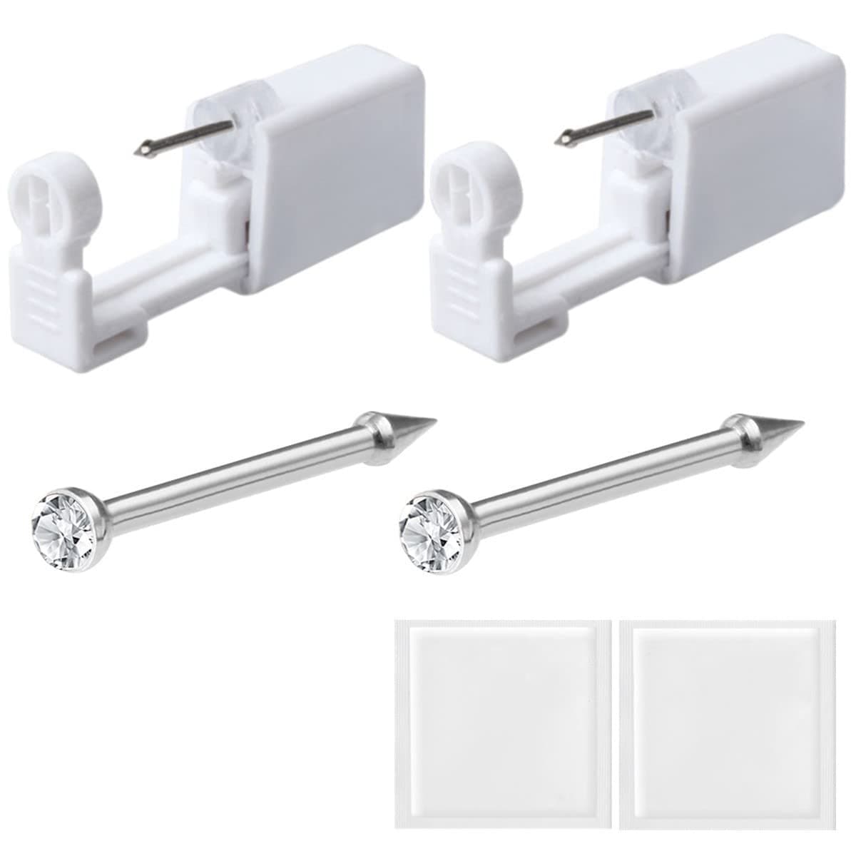 2 Pack Disposable Sterile Nose Piercing Kit Tool with Stud Painless Self Ear Gun for Kit, and Supplies (White)