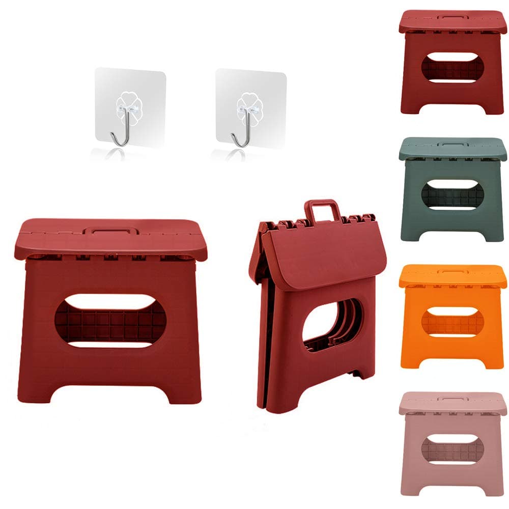 QILESUNNY Upgrade Version Kids' Step Stools,Folding Step Stool with Handle,Portable Collapsible Small Plastic Foot Stool for Kids - Use in The Kitchen, Bathroom and Bedroom，Picnic (red)
