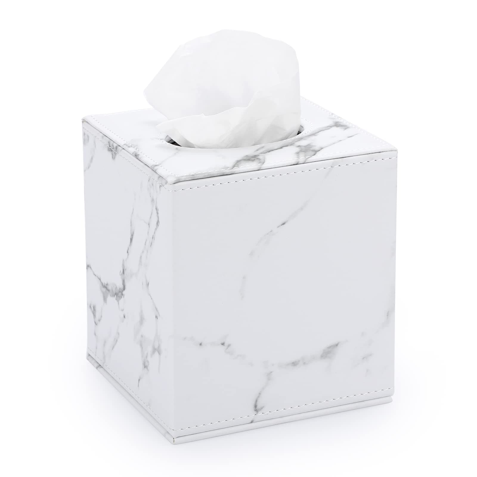 Sumnacon Square Leather Tissue Box Cover - Stylish Cube Tissue Box Holder with Magnetic Bottom, Decorative PU Tissue Box for Vanity Dresser Night Stand Table Countertop Home Office Car, Marble White