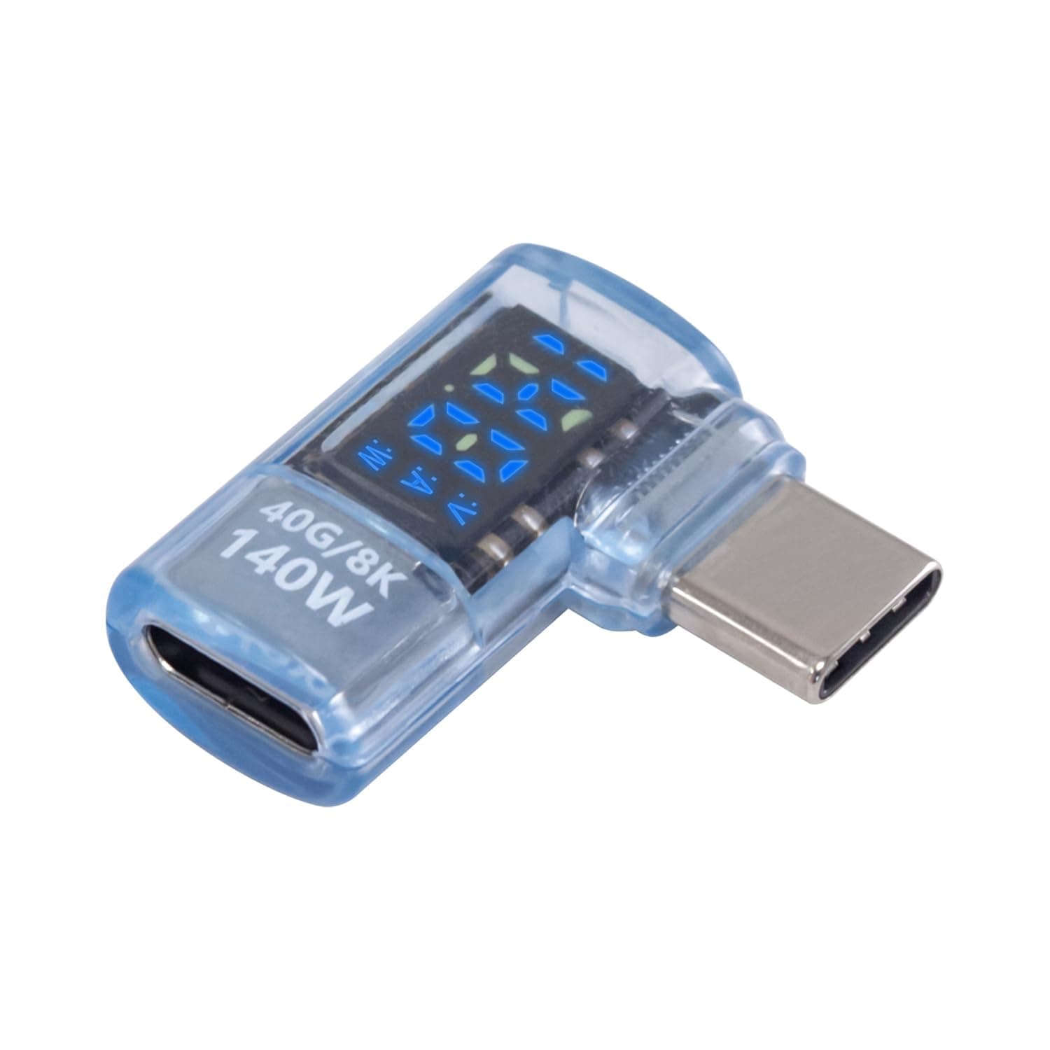 Poyiccot Right Angle USB C Adapter with Digital Display, 140W USB C Male to Female Adapter, 8K 40Gbps Type C to Type Connector with Voltage/Current/Power LED Display for MacBook, Phone,1-Pack